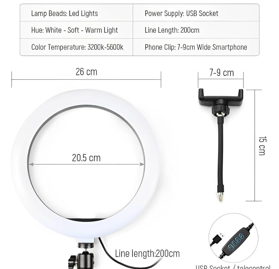 LED RING LIGHT 26 CM AND 7 FEET TRIPOD IN METAL